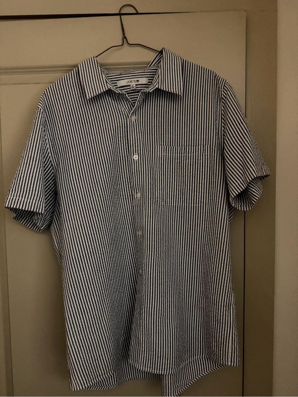 Joe's Jeans Blue and White Vertical Stripe Short Sleeve Button-Down
